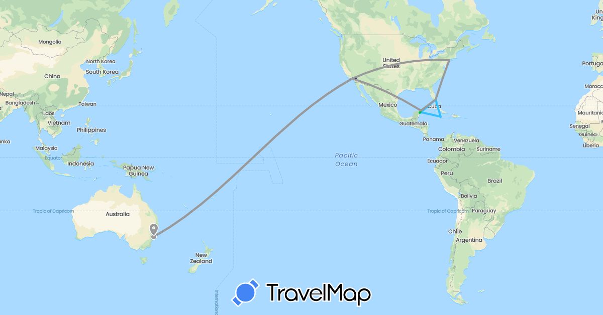 TravelMap itinerary: driving, bus, plane, boat in Australia, Jamaica, Cayman Islands, Mexico, United States (North America, Oceania)